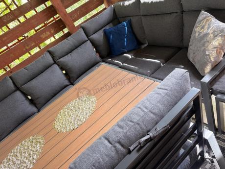 Duży narożnik ogrodowy metalowy 294x184cm Doros Corner XXL z 2 fotelami, 2 pufami i stołem 160cm - Polywood Dark Grey