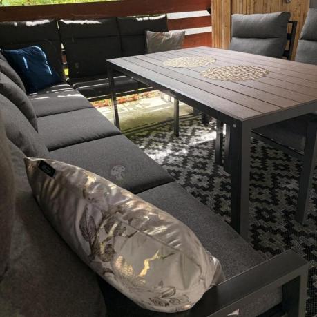 Duży narożnik ogrodowy metalowy 294x184cm Doros Corner XXL z 2 fotelami, 2 pufami i stołem 160cm - Polywood Dark Grey
