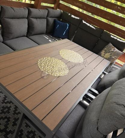 Duży narożnik ogrodowy metalowy 294x184cm Doros Corner XXL z 2 fotelami, 2 pufami i stołem 160cm - Polywood Dark Grey