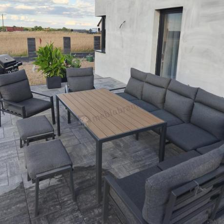Duży narożnik ogrodowy metalowy 294x184cm Doros Corner XXL z 2 fotelami, 2 pufami i stołem 160cm - Polywood Dark Grey
