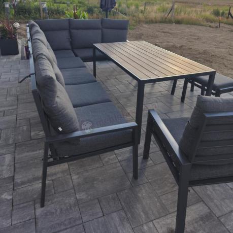 Duży narożnik ogrodowy metalowy 294x184cm Doros Corner XXL z 2 fotelami, 2 pufami i stołem 160cm - Polywood Dark Grey