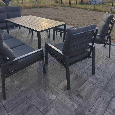 Duży narożnik ogrodowy metalowy 294x184cm Doros Corner XXL z 2 fotelami, 2 pufami i stołem 160cm - Polywood Dark Grey