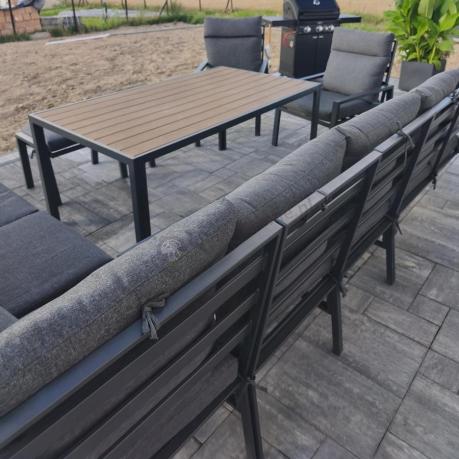 Duży narożnik ogrodowy metalowy 294x184cm Doros Corner XXL z 2 fotelami, 2 pufami i stołem 160cm - Polywood Dark Grey