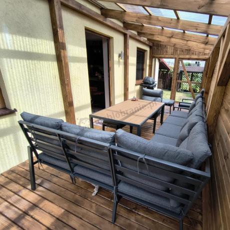 Duży narożnik ogrodowy metalowy 294x184cm Doros Corner XXL z 2 fotelami, 2 pufami i stołem 160cm - Polywood Dark Grey
