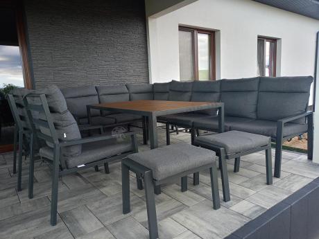 Duży narożnik ogrodowy metalowy 294x184cm Doros Corner XXL z 2 fotelami, 2 pufami i stołem 160cm - Polywood Dark Grey
