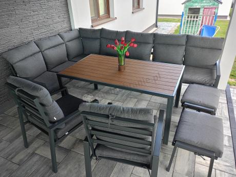 Duży narożnik ogrodowy metalowy 294x184cm Doros Corner XXL z 2 fotelami, 2 pufami i stołem 160cm - Polywood Dark Grey