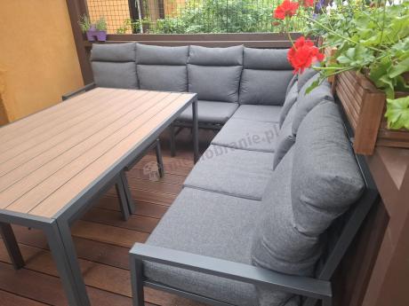 Duży narożnik ogrodowy metalowy 294x184cm Doros Corner XXL z 2 fotelami, 2 pufami i stołem 160cm - Polywood Dark Grey