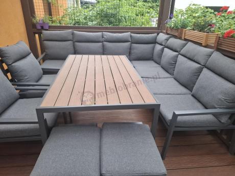 Duży narożnik ogrodowy metalowy 294x184cm Doros Corner XXL z 2 fotelami, 2 pufami i stołem 160cm - Polywood Dark Grey