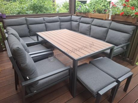 Duży narożnik ogrodowy metalowy 294x184cm Doros Corner XXL z 2 fotelami, 2 pufami i stołem 160cm - Polywood Dark Grey