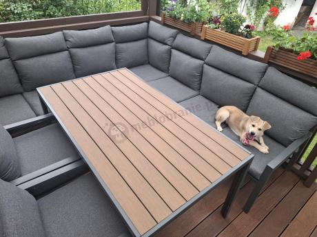 Duży narożnik ogrodowy metalowy 294x184cm Doros Corner XXL z 2 fotelami, 2 pufami i stołem 160cm - Polywood Dark Grey