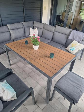 Duży narożnik ogrodowy metalowy 294x184cm Doros Corner XXL z 2 fotelami, 2 pufami i stołem 160cm - Polywood Dark Grey