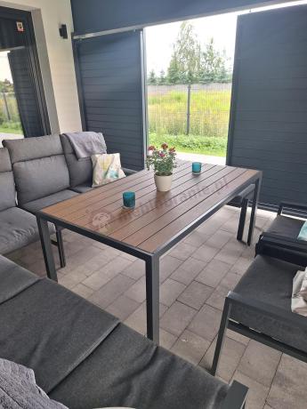 Duży narożnik ogrodowy metalowy 294x184cm Doros Corner XXL z 2 fotelami, 2 pufami i stołem 160cm - Polywood Dark Grey