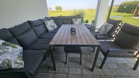 Duży narożnik ogrodowy metalowy 294x184cm Doros Corner XXL z 2 fotelami, 2 pufami i stołem 160cm - Polywood Dark Grey