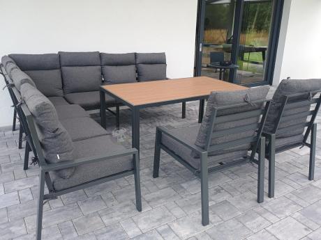 Duży narożnik ogrodowy metalowy 294x184cm Doros Corner XXL z 2 fotelami, 2 pufami i stołem 160cm - Polywood Dark Grey