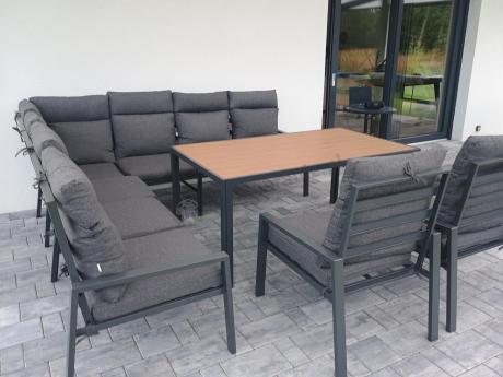 Duży narożnik ogrodowy metalowy 294x184cm Doros Corner XXL z 2 fotelami, 2 pufami i stołem 160cm - Polywood Dark Grey