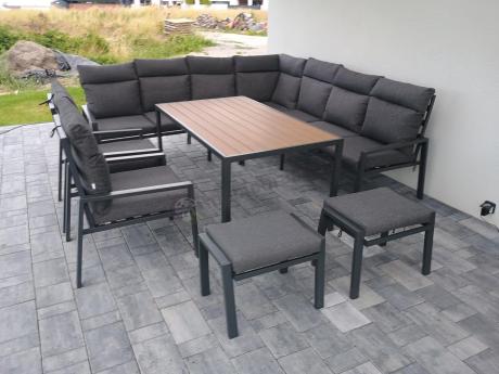 Duży narożnik ogrodowy metalowy 294x184cm Doros Corner XXL z 2 fotelami, 2 pufami i stołem 160cm - Polywood Dark Grey
