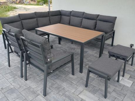Duży narożnik ogrodowy metalowy 294x184cm Doros Corner XXL z 2 fotelami, 2 pufami i stołem 160cm - Polywood Dark Grey