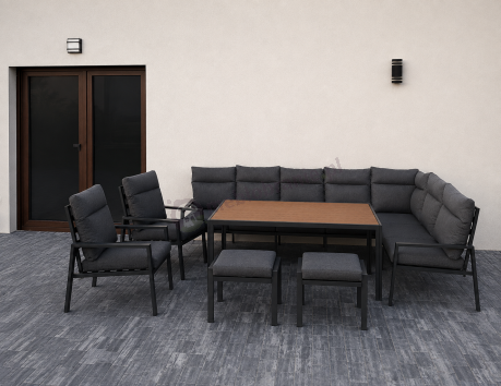 Duży narożnik ogrodowy metalowy 294x184cm Doros Corner XXL z 2 fotelami, 2 pufami i stołem 160cm - Polywood Dark Grey