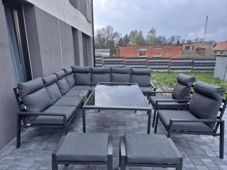 Duży narożnik ogrodowy metalowy 294x184cm Doros Corner XXL z 2 fotelami, 2 pufami i stołem 160cm wysokie oparcia - Da