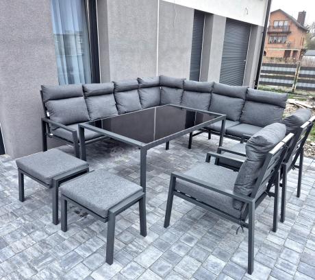 Duży narożnik ogrodowy metalowy 294x184cm Doros Corner XXL z 2 fotelami, 2 pufami i stołem 160cm wysokie oparcia - Da