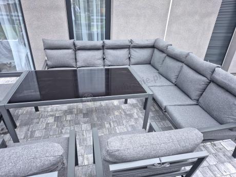 Duży narożnik ogrodowy metalowy 294x184cm Doros Corner XXL z 2 fotelami, 2 pufami i stołem 160cm wysokie oparcia - Da