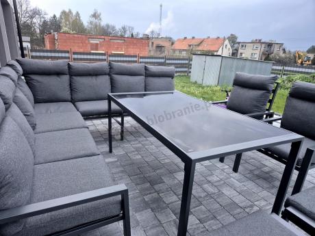 Duży narożnik ogrodowy metalowy 294x184cm Doros Corner XXL z 2 fotelami, 2 pufami i stołem 160cm wysokie oparcia - Da