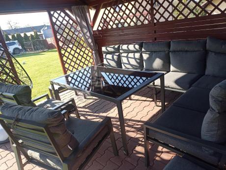 Duży narożnik ogrodowy metalowy 294x184cm Doros Corner XXL z 2 fotelami, 2 pufami i stołem 160cm wysokie oparcia - Da