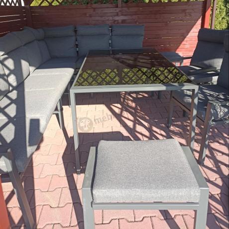 Duży narożnik ogrodowy metalowy 294x184cm Doros Corner XXL z 2 fotelami, 2 pufami i stołem 160cm wysokie oparcia - Da