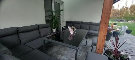 Duży narożnik ogrodowy metalowy 294x184cm Doros Corner XXL z 2 fotelami, 2 pufami i stołem 160cm wysokie oparcia - Da