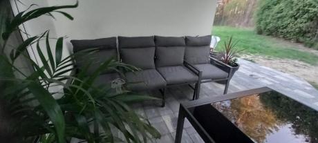 Duży narożnik ogrodowy metalowy 294x184cm Doros Corner XXL z 2 fotelami, 2 pufami i stołem 160cm wysokie oparcia - Da