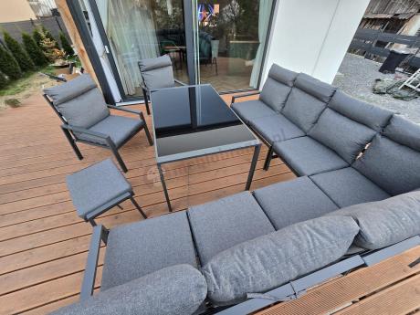 Duży narożnik ogrodowy metalowy 294x184cm Doros Corner XXL z 2 fotelami, 2 pufami i stołem 160cm wysokie oparcia - Da