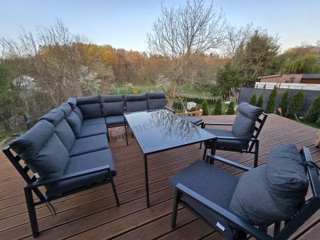 Duży narożnik ogrodowy metalowy 294x184cm Doros Corner XXL z 2 fotelami, 2 pufami i stołem 160cm wysokie oparcia - Da