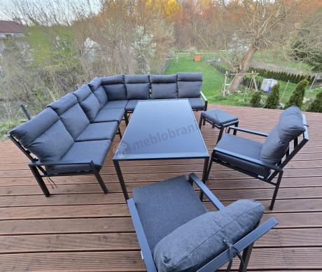 Duży narożnik ogrodowy metalowy 294x184cm Doros Corner XXL z 2 fotelami, 2 pufami i stołem 160cm wysokie oparcia - Da