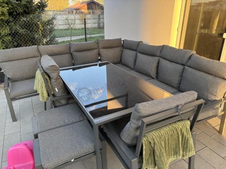 Duży narożnik ogrodowy metalowy 294x184cm Doros Corner XXL z 2 fotelami, 2 pufami i stołem 160cm wysokie oparcia - Da
