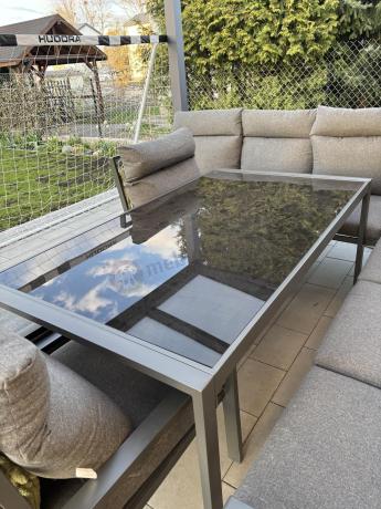 Duży narożnik ogrodowy metalowy 294x184cm Doros Corner XXL z 2 fotelami, 2 pufami i stołem 160cm wysokie oparcia - Da
