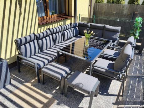 Duży narożnik ogrodowy metalowy 294x184cm Doros Corner XXL z 2 fotelami, 2 pufami i stołem 160cm wysokie oparcia - Da