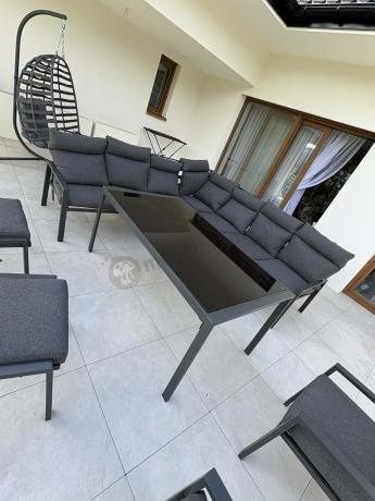 Duży narożnik ogrodowy metalowy 294x184cm Doros Corner XXL z 2 fotelami, 2 pufami i stołem 160cm wysokie oparcia - Da