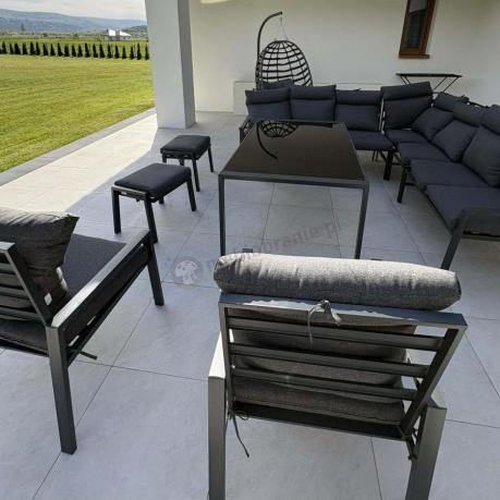 Duży narożnik ogrodowy metalowy 294x184cm Doros Corner XXL z 2 fotelami, 2 pufami i stołem 160cm wysokie oparcia - Da