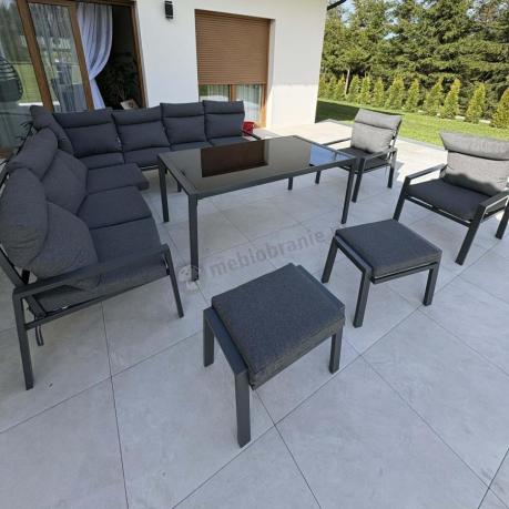 Duży narożnik ogrodowy metalowy 294x184cm Doros Corner XXL z 2 fotelami, 2 pufami i stołem 160cm wysokie oparcia - Da