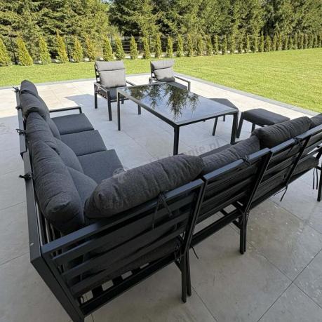 Duży narożnik ogrodowy metalowy 294x184cm Doros Corner XXL z 2 fotelami, 2 pufami i stołem 160cm wysokie oparcia - Da