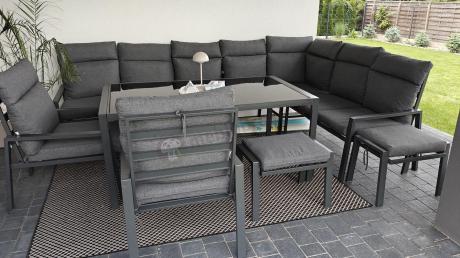 Duży narożnik ogrodowy metalowy 294x184cm Doros Corner XXL z 2 fotelami, 2 pufami i stołem 160cm wysokie oparcia - Da