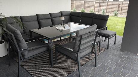 Duży narożnik ogrodowy metalowy 294x184cm Doros Corner XXL z 2 fotelami, 2 pufami i stołem 160cm wysokie oparcia - Da