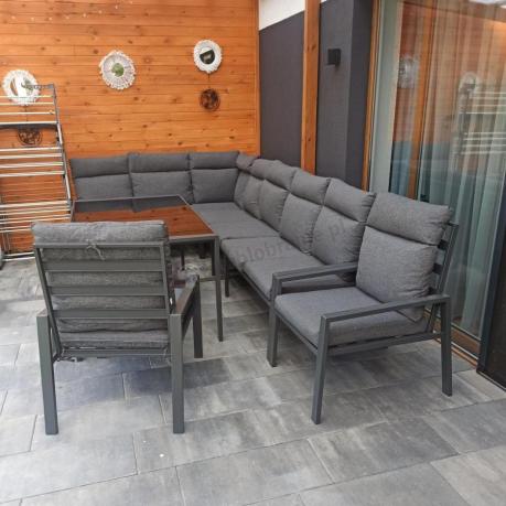 Duży narożnik ogrodowy metalowy 294x184cm Doros Corner XXL z 2 fotelami, 2 pufami i stołem 160cm wysokie oparcia - Da