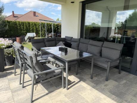 Duży narożnik ogrodowy metalowy 294x184cm Doros Corner XXL z 2 fotelami, 2 pufami i stołem 160cm wysokie oparcia - Da