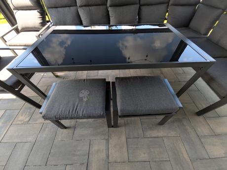 Duży narożnik ogrodowy metalowy 294x184cm Doros Corner XXL z 2 fotelami, 2 pufami i stołem 160cm wysokie oparcia - Da