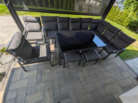 Duży narożnik ogrodowy metalowy 294x184cm Doros Corner XXL z 2 fotelami, 2 pufami i stołem 160cm wysokie oparcia - Da