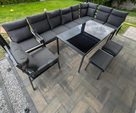 Duży narożnik ogrodowy metalowy 294x184cm Doros Corner XXL z 2 fotelami, 2 pufami i stołem 160cm wysokie oparcia - Da