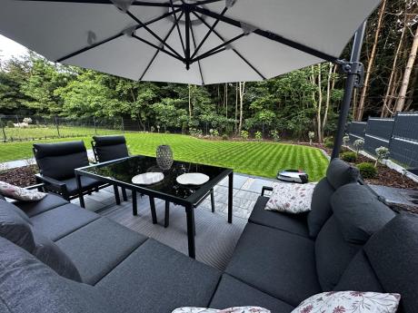 Duży narożnik ogrodowy metalowy 294x184cm Doros Corner XXL z 2 fotelami, 2 pufami i stołem 160cm wysokie oparcia - Da