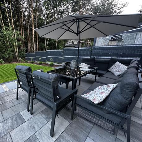 Duży narożnik ogrodowy metalowy 294x184cm Doros Corner XXL z 2 fotelami, 2 pufami i stołem 160cm wysokie oparcia - Da