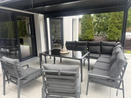 Duży narożnik ogrodowy metalowy 294x184cm Doros Corner XXL z 2 fotelami, 2 pufami i stołem 160cm wysokie oparcia - Da